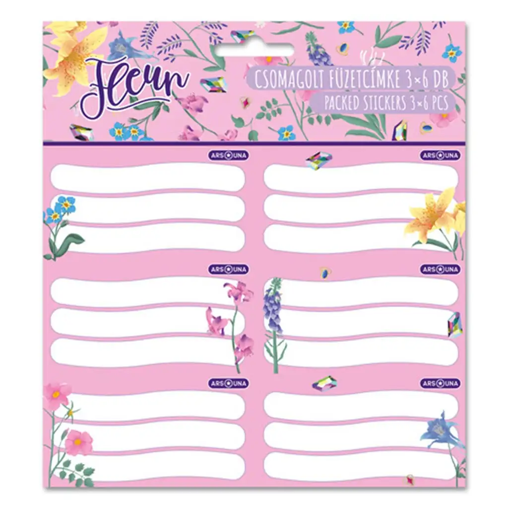 Ars Una: Etichette per quaderni confezionate, colore rosa Fleur, con motivo floreale, set da 3x6 pezzi