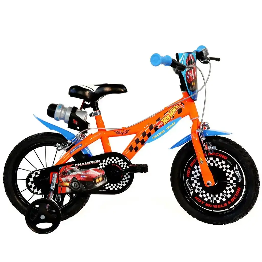 Bicicletta per bambini Hot Wheels 14” con portaborraccia e rotelle laterali, colore arancione-nero – Dino Bikes