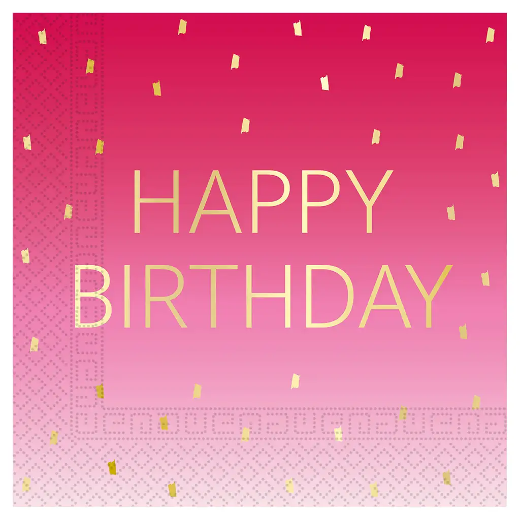 Confezione da 20 tovaglioli di carta a 2 strati di colore rosa con la scritta "Happy Birthday".
