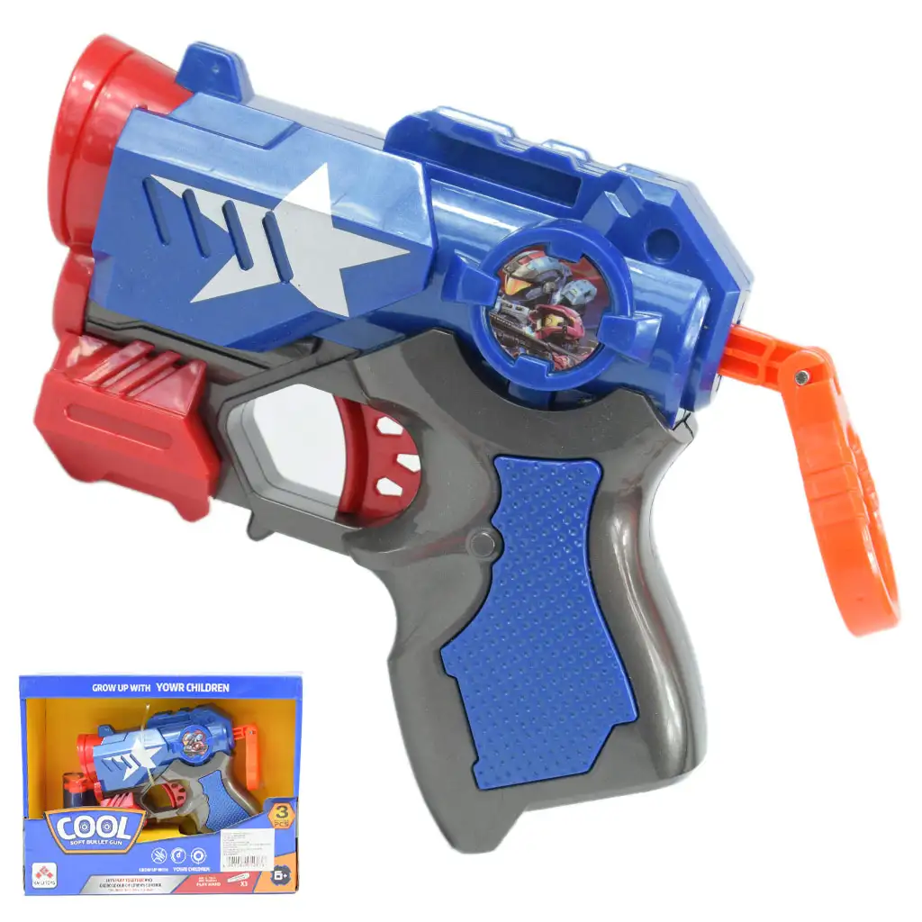 Cool Soft Bullet Gun: Piccola pistola spara proiettili in schiuma con munizioni di colore blu, 14 cm