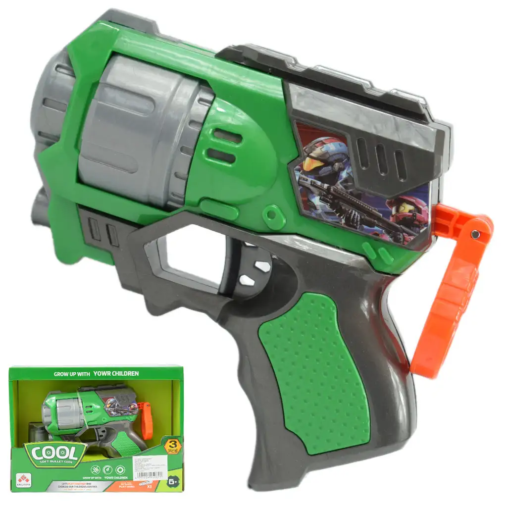 Cool Soft Bullet Gun: Piccola pistola spara proiettili in schiuma con munizioni di colore verde, 14 cm