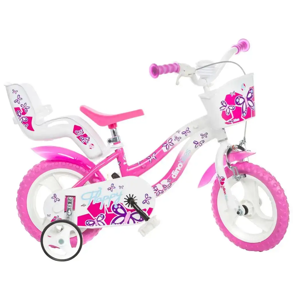 Flappy bicicletta per bambini da 12” con cestino e seggiolino per bambole, colore rosa-bianco - Dino Bikes