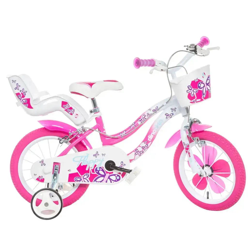 Flappy bicicletta per bambini da 14” con cestino e seggiolino per bambole, colore rosa-bianco – Dino Bikes
