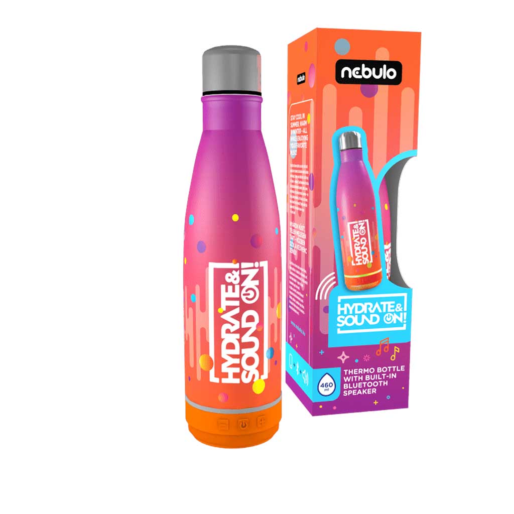 Nebulo: borraccia termica 460 ml con altoparlante Bluetooth integrato, colore rosa-arancione
