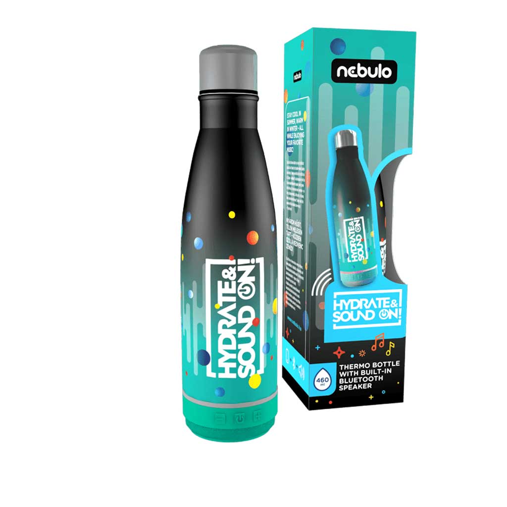 Nebulo: borraccia termica da 460 ml con altoparlante BLUETOOTH integrato, colore nero-turchese.