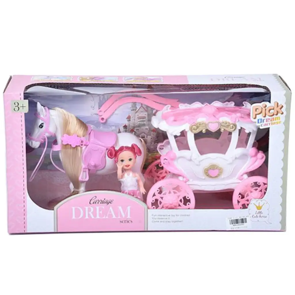 Set carrozza da sogno con cavallo e bambola da 7,5 cm in colore rosa-bianco