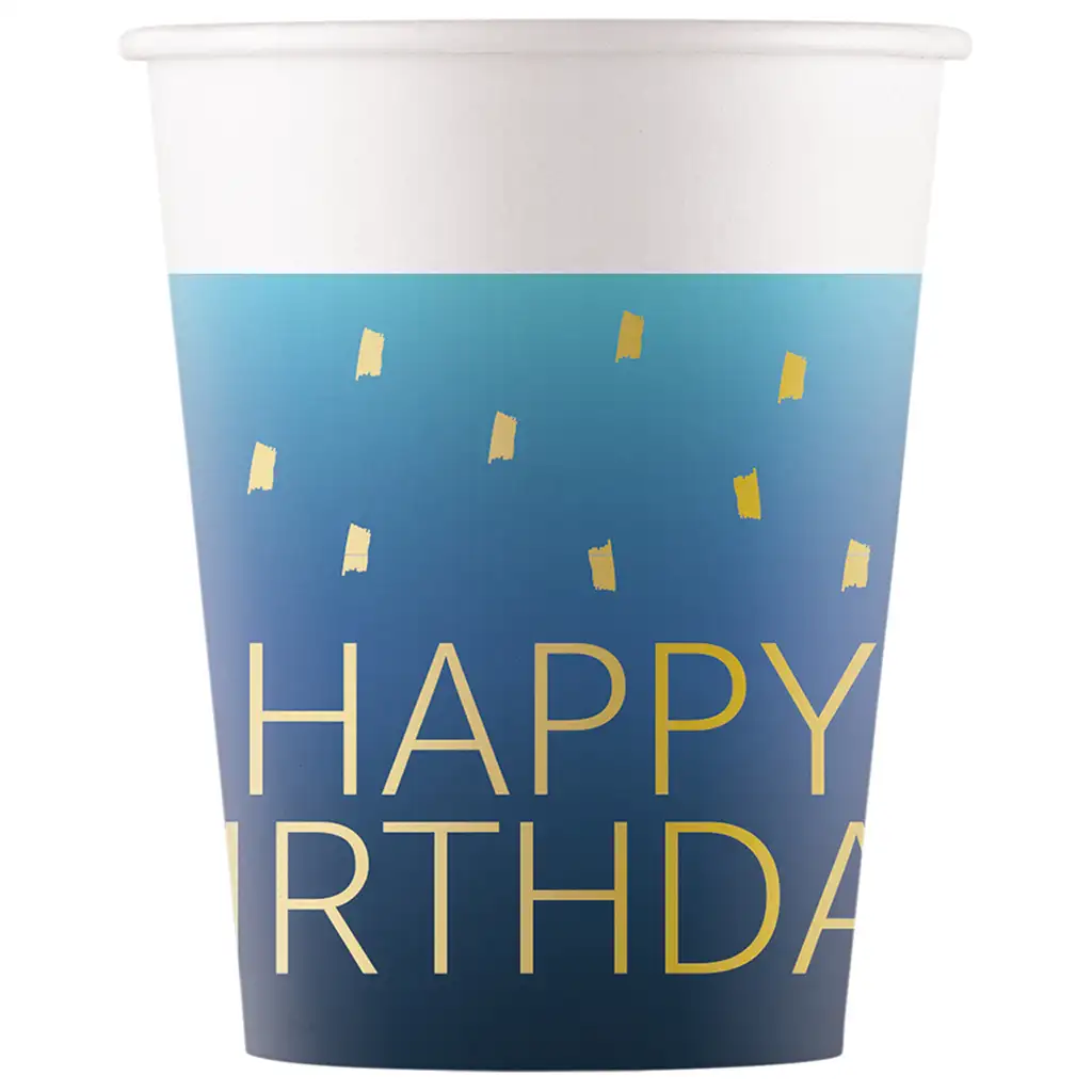 Set di 8 bicchieri di carta da 200 ml con scritta "Happy Birthday" di colore blu