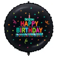 Palloncino in foil per compleanno - con scritta "Happy Birthday", con torta e coriandoli, su sfondo nero, 46 cm