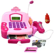 Registratore di cassa elettrico rosa con microfono, soldi finti e suoni.