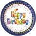 Set di 8 piatti di carta blu e bianco con la scritta "Happy Birthday"